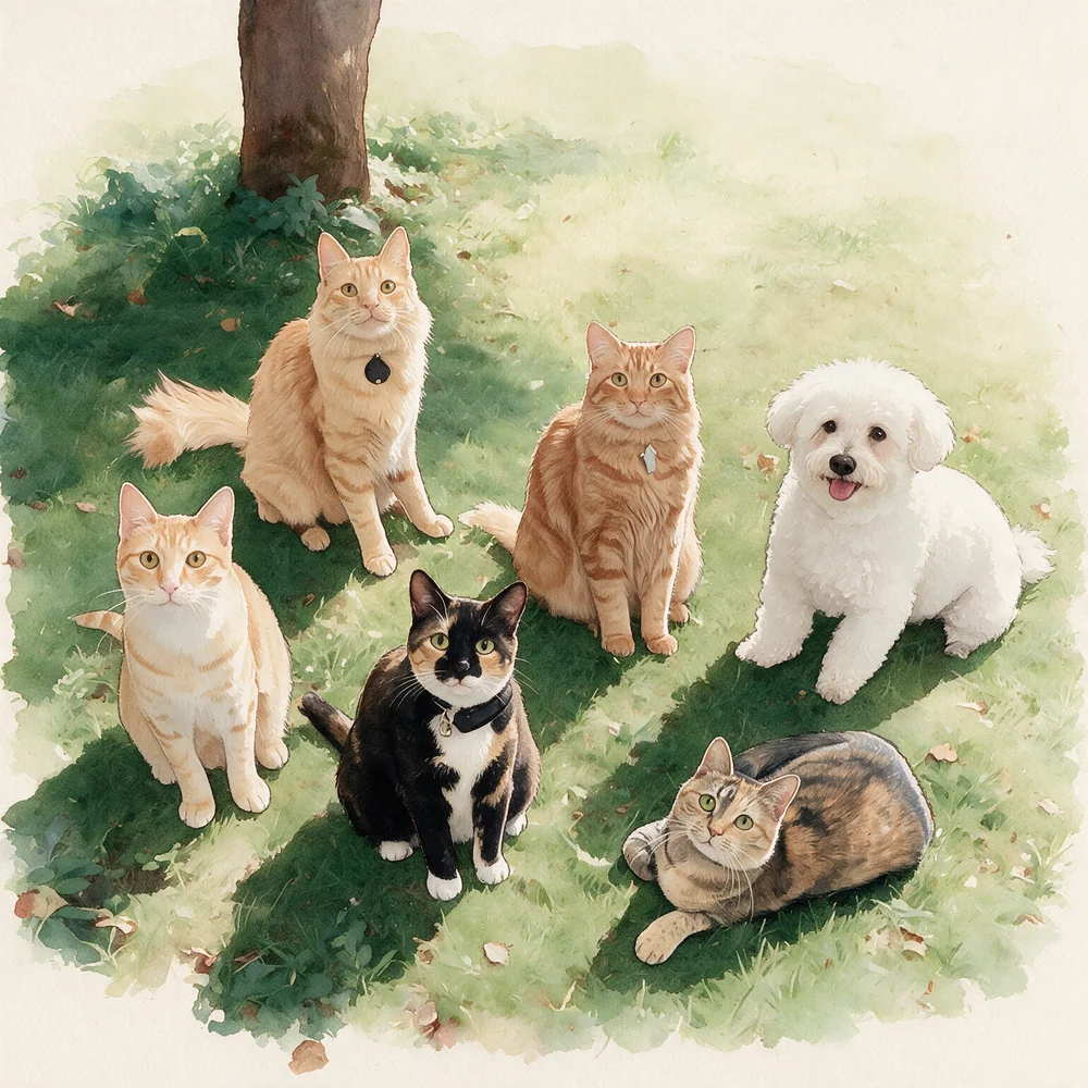 Watercolor illustration of five cats and a small white dog sitting on the grass beneath a tree