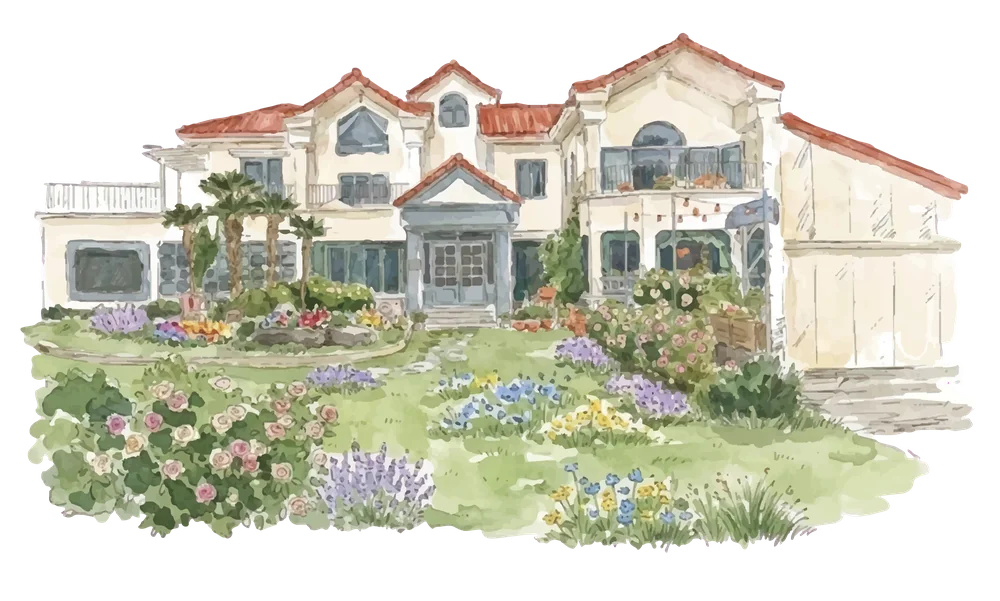 Watercolor illustration of The Gallery Pension and its flower garden